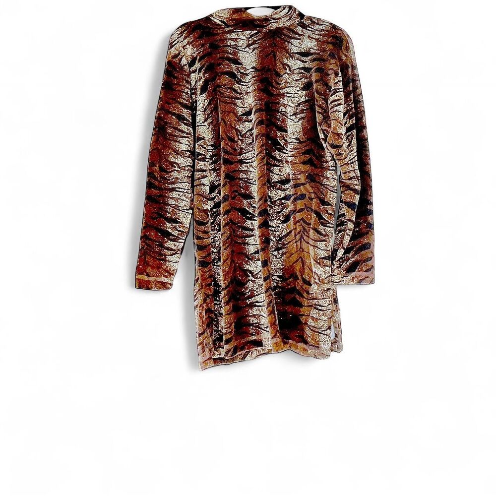 Vtg Jason Maxwell brown & black 80% cotton tiger print velvet long sleeve dress